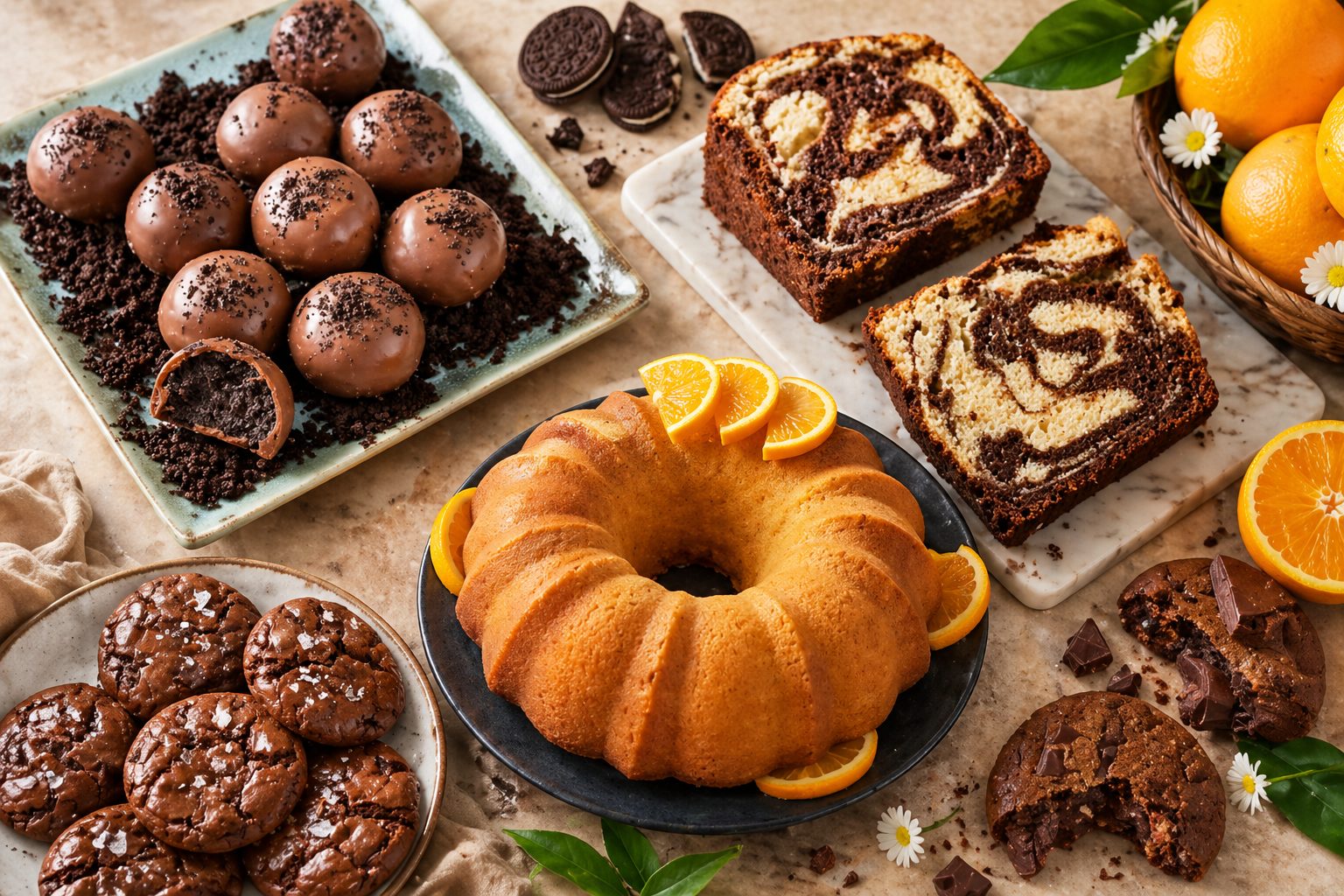 Assorted sweets and celebration cakes